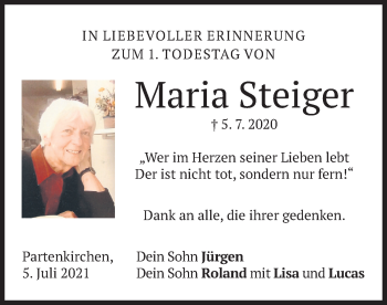 Todesanzeige von Maria Steiger von merkurtz