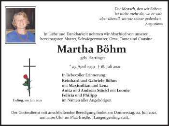 Todesanzeige von Martha Böhm von merkurtz