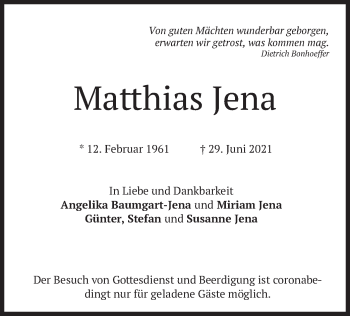 Todesanzeige von Matthias Jena von merkurtz