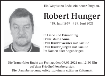 Todesanzeige von Robert Hunger von Das Gelbe Blatt Penzberg