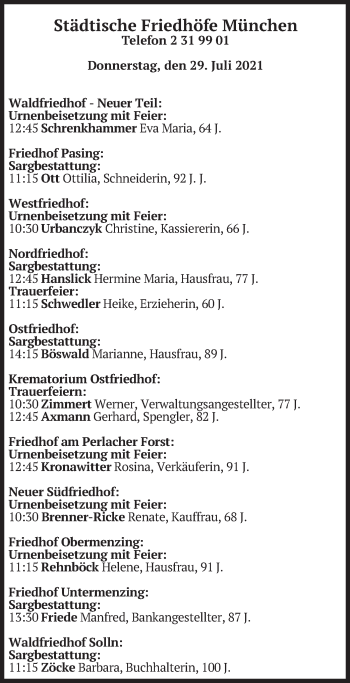 Todesanzeige von Städtische Friedhöfe München  von merkurtz