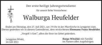 Todesanzeige von Walburga Heufelder von merkurtz