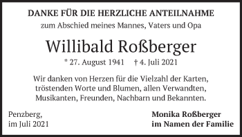 Todesanzeige von Willibald Roßberger von Das Gelbe Blatt Penzberg