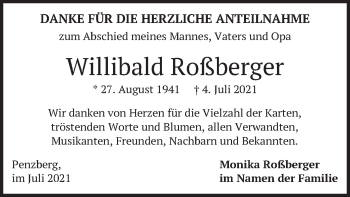 Todesanzeige von Willibald Roßberger von merkurtz