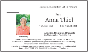 Todesanzeige von Anna Thiel von merkurtz