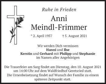 Todesanzeige von Anni Meindl-Frimmer von merkurtz