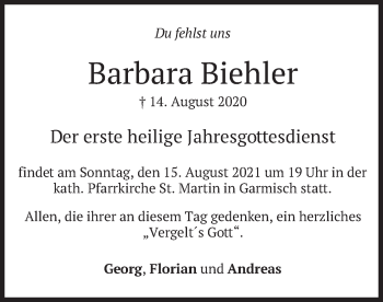 Todesanzeige von Barbara Biehler von merkurtz