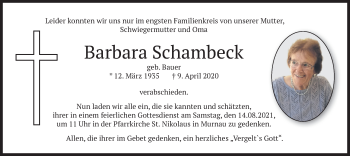 Todesanzeige von Barbara Schambeck von merkurtz