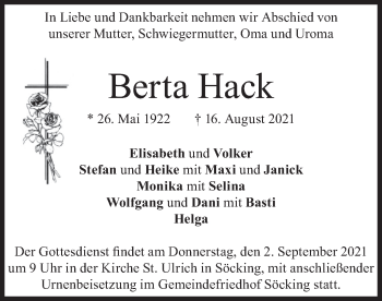 Todesanzeige von Berta Hack von merkurtz