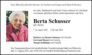 Todesanzeige von Berta Schusser von merkurtz