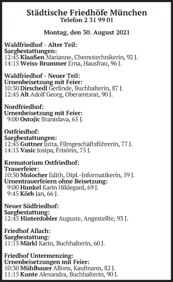 Todesanzeige von Bestattungen vom 30.08.2021 von merkurtz