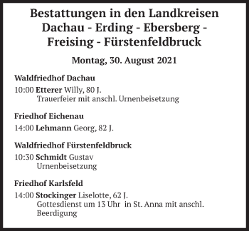 Todesanzeige von Bestattungen vom 30.08.2021 von merkurtz