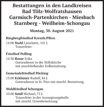 Todesanzeige von Bestattungen vom 30.08.2021 von merkurtz