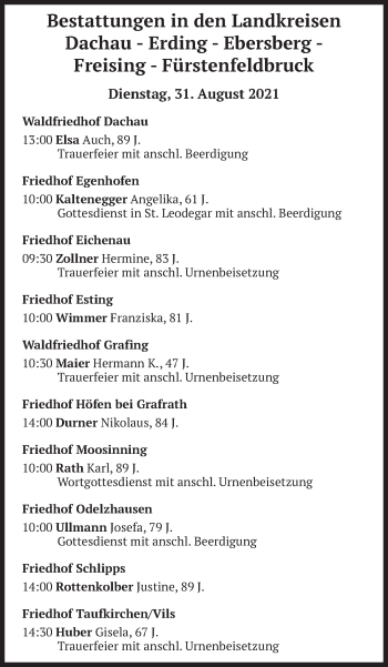 Todesanzeige von Bestattungen vom 31.08.2021 von merkurtz