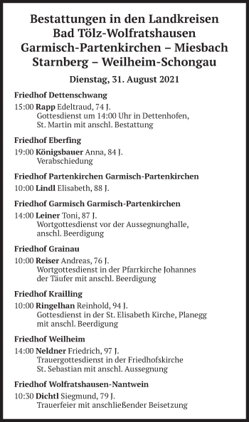 Todesanzeige von Bestattungen vom 31.08.2021 von merkurtz