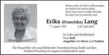Todesanzeige von Erika Lang von Das Gelbe Blatt Penzberg