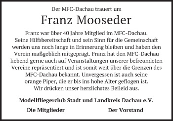 Todesanzeige von Franz Mooseder von merkurtz