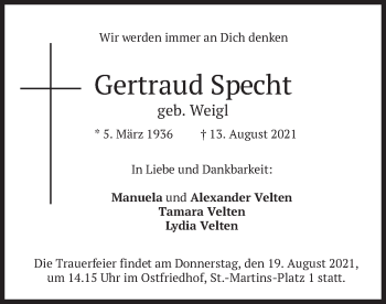 Todesanzeige von Gertraud   Specht von merkurtz