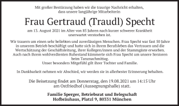 Todesanzeige von Gertraud   Specht von merkurtz