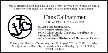Todesanzeige von Hans Kallhammer von merkurtz