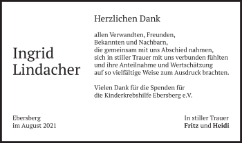 Todesanzeige von Ingrid Lindacher von merkurtz