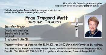 Todesanzeige von Irmgard Muff von merkurtz