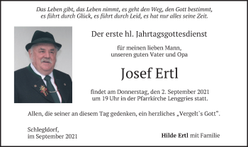 Todesanzeige von Josef Ertl von merkurtz