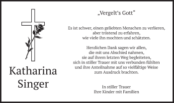 Todesanzeige von Katharina Singer von merkurtz