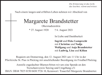Todesanzeige von Margarete Brandstetter von merkurtz