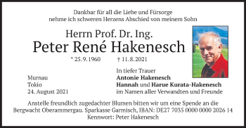 Todesanzeige von Peter Rene Hakenesch von merkurtz