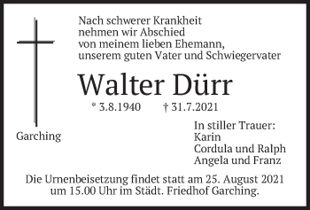 Todesanzeige von Walter Dürr von merkurtz