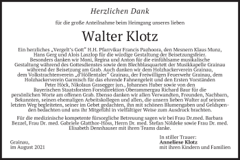 Todesanzeige von Walter Klotz von merkurtz