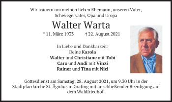 Todesanzeige von Walter Warta von merkurtz