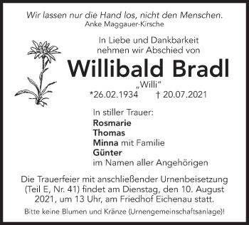 Todesanzeige von Willibald Bradl von merkurtz