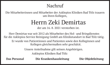 Todesanzeige von Zeki Demirtas von merkurtz