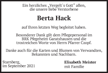 Todesanzeige von Berta Hack von merkurtz