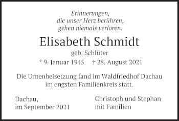 Todesanzeige von Elisabeth Schmidt von merkurtz