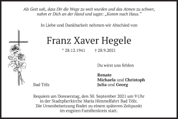 Todesanzeige von Franz Xaver Hegele von merkurtz