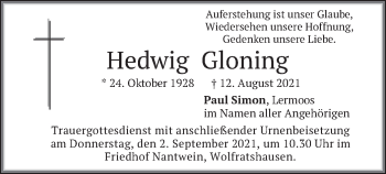 Todesanzeige von Hedwig Gloning von merkurtz