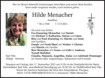 Todesanzeige von Hilde Menacher von merkurtz