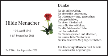Todesanzeige von Hilde Menacher von merkurtz
