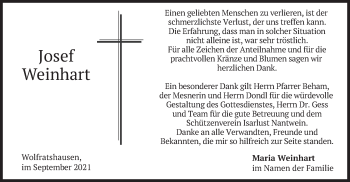 Todesanzeige von Josef Weinhart von merkurtz