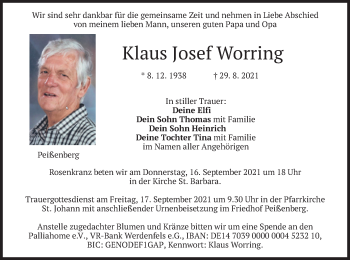 Todesanzeige von Klaus Josef Worring von merkurtz