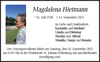 Todesanzeige von Magdalena Hietmann von merkurtz