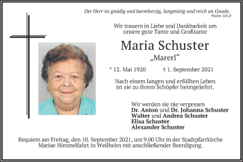 Todesanzeige von Maria Schuster von merkurtz