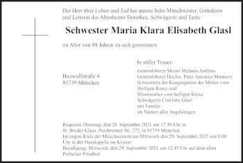 Todesanzeige von Maria Klara Elisabeth Glasl von merkurtz