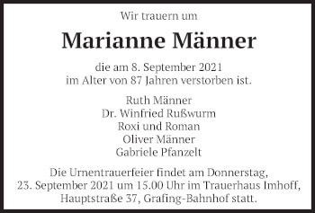 Todesanzeige von Marianne Männer von merkurtz