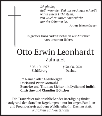 Todesanzeige von Otto Erwin Leonhardt von merkurtz