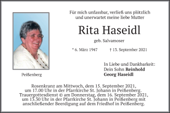Todesanzeige von Rita Haseidl von merkurtz