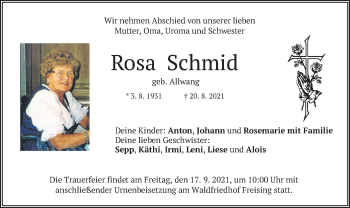 Todesanzeige von Rosa Schmid von merkurtz